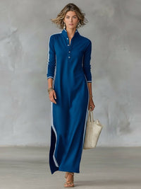 Women's Maxi Shirt Dress | Button Front Collar with Sport Stripe Back