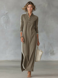 Women's Maxi Shirt Dress | Button Front Collar with Sport Stripe Detail