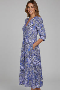 Women's Midi Dress | V-Neck Three-Quarter Sleeve Printed Back
