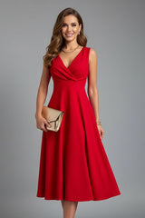 Women's Midi Dress | V-Neck Zip Closure Sleeveless A-Line