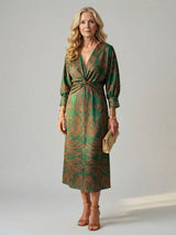 Women's Natural Wrap Midi Dress | Long Sleeve Knot Front