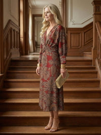 Women's Natural Wrap Midi Dress | Long Sleeve Knot Front View 15