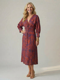 Women's Natural Wrap Midi Dress | Long Sleeve Knot Front View 16