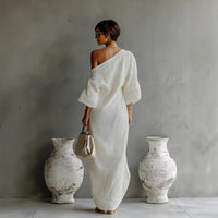 Women's Off-Shoulder Maxi Dress | Lantern Sleeves Relaxed Fit Back