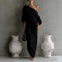Women's Off-Shoulder Maxi Dress | Lantern Sleeves Relaxed Fit Side