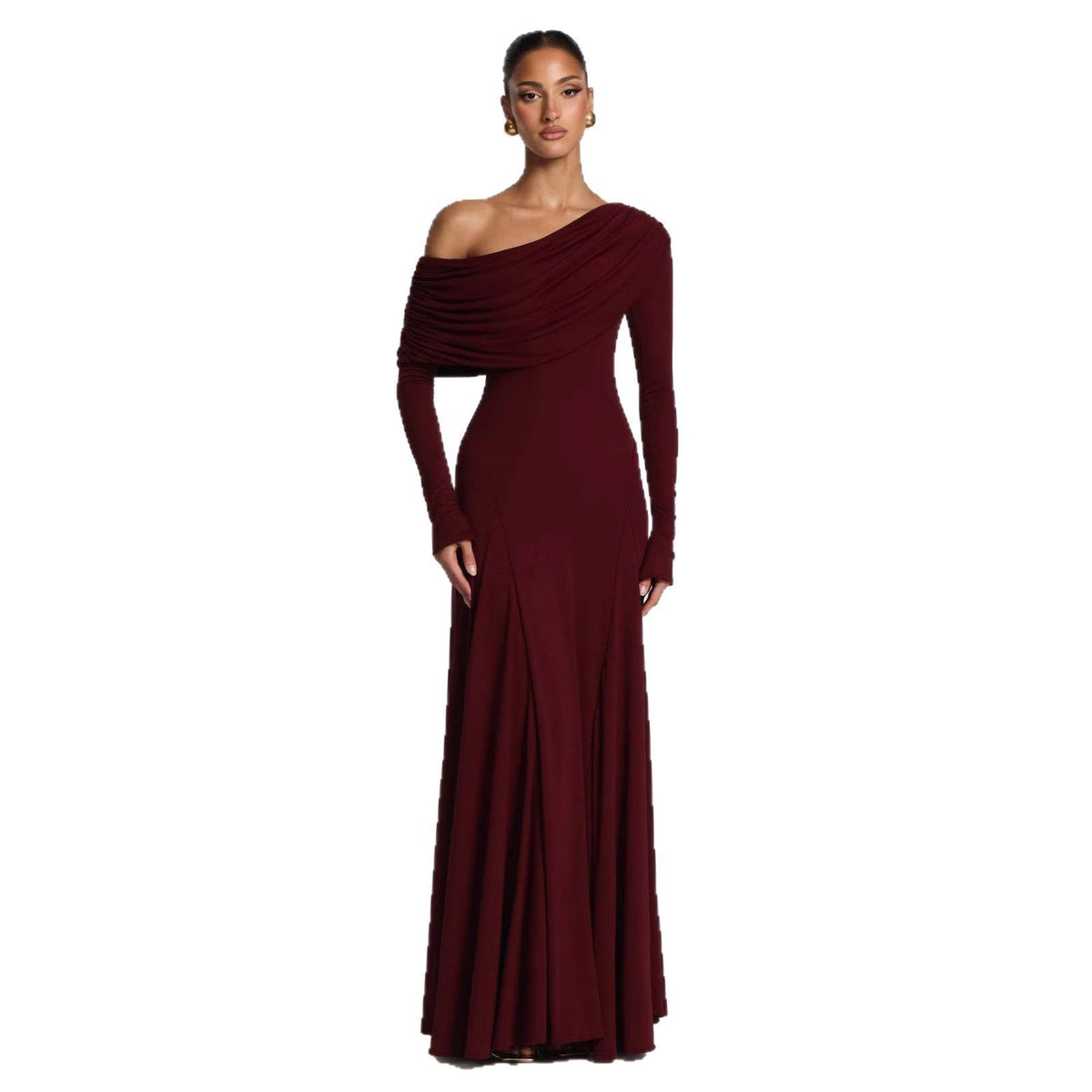 Women's Off-Shoulder Wedding Guest Maxi Dress | Draped Cowl Long Sleeve Back