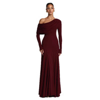 Women's Off-Shoulder Wedding Guest Maxi Dress | Draped Cowl Long Sleeve Back