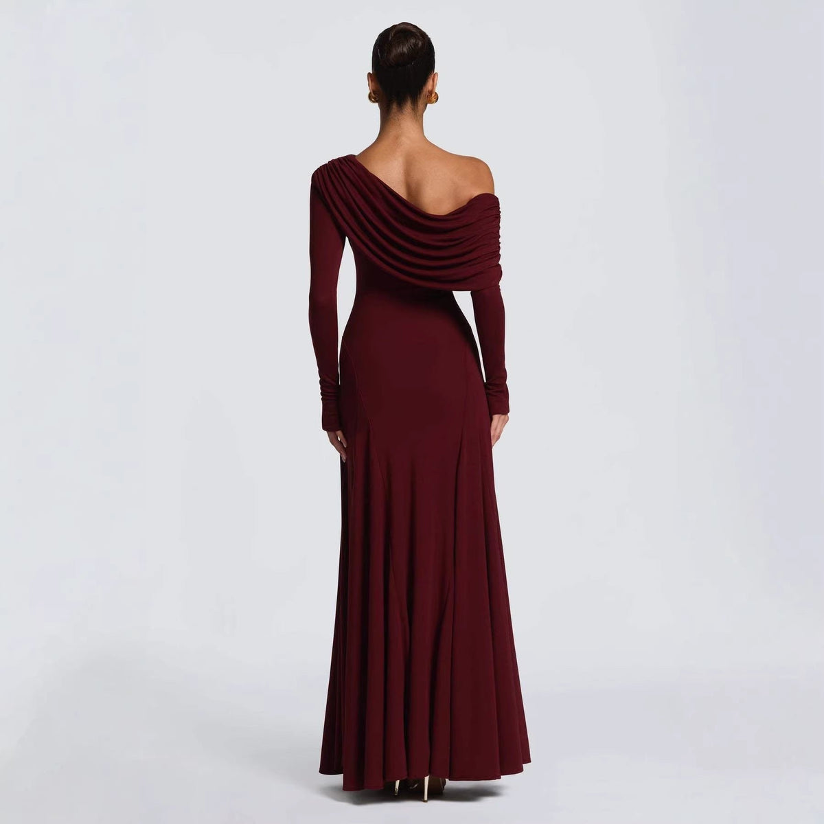 Women's Off-Shoulder Wedding Guest Maxi Dress | Draped Cowl Long Sleeve Detail