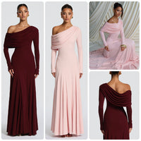 Women's Off-Shoulder Wedding Guest Maxi Dress | Draped Cowl Long Sleeve Hero