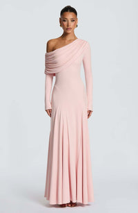 Women's Off-Shoulder Wedding Guest Maxi Dress | Draped Cowl Long Sleeve Lifestyle