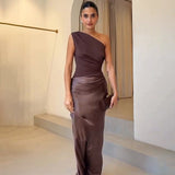 Women's One-Shoulder Maxi Dress | Wedding Guest Pleated Bodice Fit