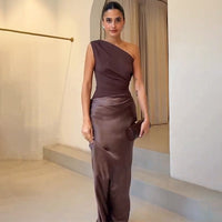 Women's One-Shoulder Maxi Dress | Wedding Guest Pleated Bodice Fit Hero