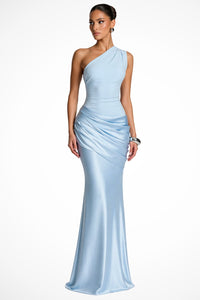 Women's One Shoulder Ruched Satin Wedding Guest Maxi Dress Hero