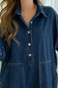 Women's Oversized Long Sleeve Denim Maxi Dress | Collared with Front Pockets Detail