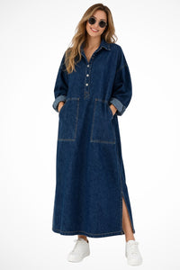 Women's Oversized Long Sleeve Denim Maxi Dress | Collared with Front Pockets Hero