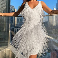 Women's Party Mini Dress | Fringe Detail with V Neck Close Up