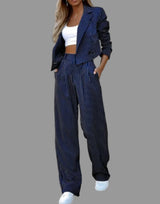 Women's Pinstriped Blazer Suit Set | Cropped Wide Leg Tailored Fit