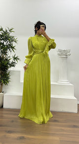 Women's Pleated Long Sleeve Maxi Dress | Wedding Guest Blouson Cuff