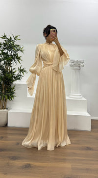 Women's Pleated Long Sleeve Maxi Dress | Wedding Guest Blouson Cuff Full