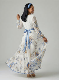 Women's Pleated Wrap Midi Dress | Long Sleeve Floral Fit Back