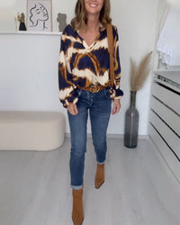 Women's Printed V-Neck Top | Balloon Sleeve Casual Fit Angle