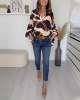 Women's Printed V-Neck Top | Balloon Sleeve Casual Fit