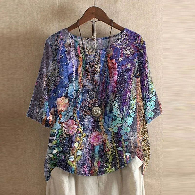 Women's Retro Floral Blouse | Short Sleeve - angle