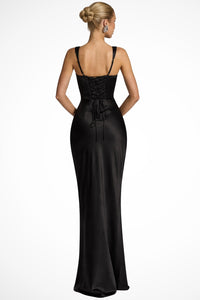 Women's Ruched Satin Maxi Wedding Guest Dress | Square Neck with Scarf Detail Front