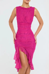Women's Ruched Sleeveless Midi Wedding Guest Dress | Hi-Low Hem Detail View 20