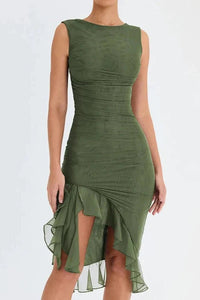 Women's Ruched Sleeveless Midi Wedding Guest Dress | Hi-Low Hem Detail View 25