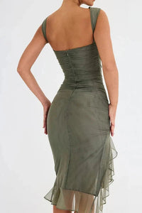 Women's Ruched Sleeveless Midi Wedding Guest Dress | Hi-Low Hem Detail View 27