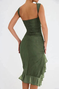 Women's Ruched Sleeveless Midi Wedding Guest Dress | Hi-Low Hem Detail View 28