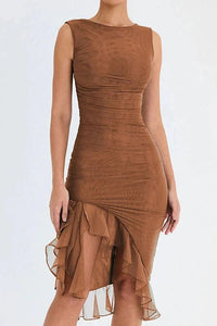 Women's Ruched Sleeveless Midi Wedding Guest Dress | Hi-Low Hem Detail View 30