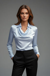 Women's Satin Blouse | Draped Collar Long Sleeve Angle