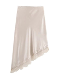 Women's Satin Midi Skirt | Asymmetric Hem with Lace Trim Front