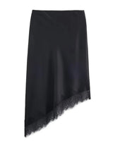 Women's Satin Midi Skirt | Asymmetric Hem with Lace Trim