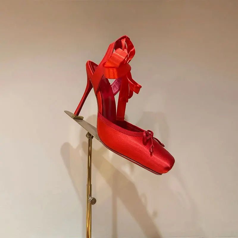 Women's Satin Platform High Heels | Square Toe Ankle Strap Close Up
