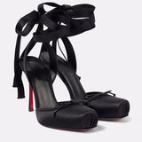Women's Satin Platform High Heels | Square Toe Ankle Strap