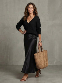 Women's Satin Skirt Knit Layer Set | Bias Cut Midi Co-ord Close Up