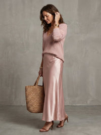 Women's Satin Skirt Knit Layer Set | Bias Cut Midi Co-ord Front