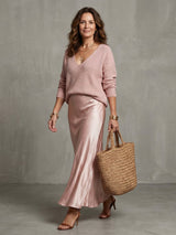 Women's Satin Skirt Knit Layer Set | Bias Cut Midi Co-ord
