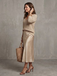 Women's Satin Skirt Knit Layer Set | Bias Cut Midi Co-ord View 17