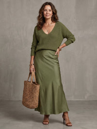 Women's Satin Skirt Knit Layer Set | Bias Cut Midi Co-ord View 23