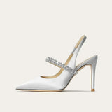 Women's Satin Slingback Heels | Pointed Toe Crystal Strap
