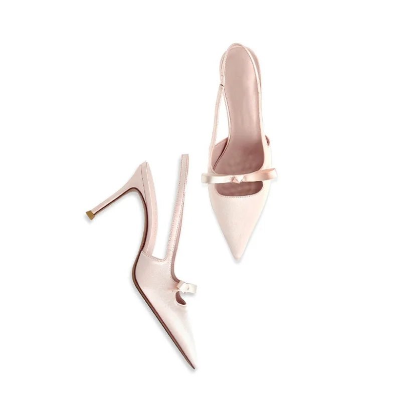 Women's Satin Slingback Heels | Pointed Toe with Bow Strap Front