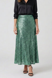 Women's Sequin Maxi Skirt | Elastic Waist Fitted Cut Angle