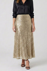 Women's Sequin Maxi Skirt | Elastic Waist Fitted Cut Side