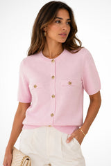 Women's Short Sleeve Knit Cardigan | Gold Button Pocket Detail