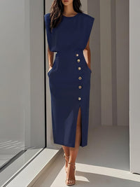 Women's Sleeveless Button Midi Dress | Padded Shoulder Leg Split Angle