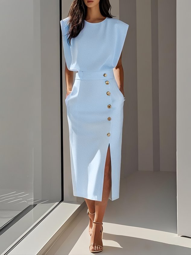 Women's Sleeveless Button Midi Dress | Padded Shoulder Leg Split Detail